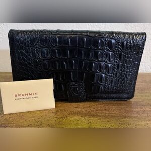Brahmin Black Croc-Embossed Leather Wallet with Tab Closure